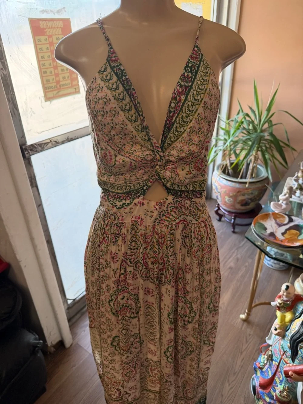 Boho Twist-Front Floral Maxi Dress in Cream and Pink
